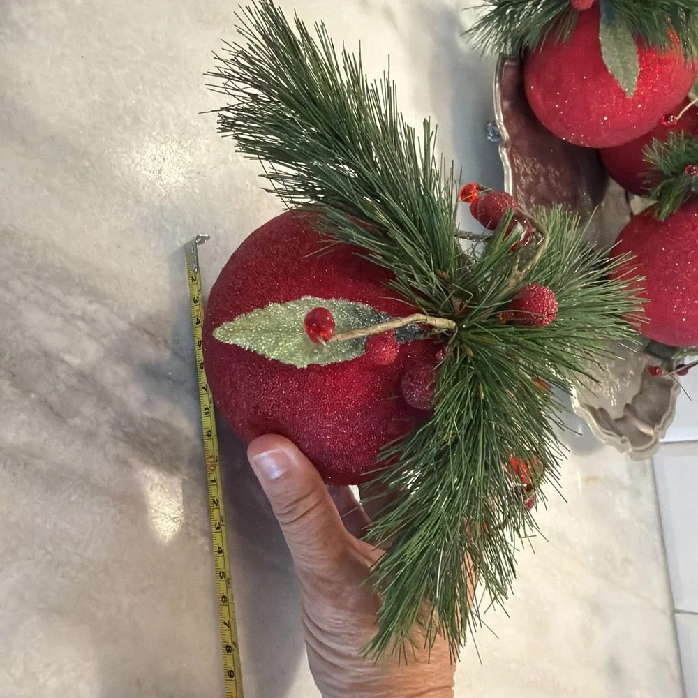 Set Of 5 Large Red Sparkle Christmas Balls With Pine And Cranberries